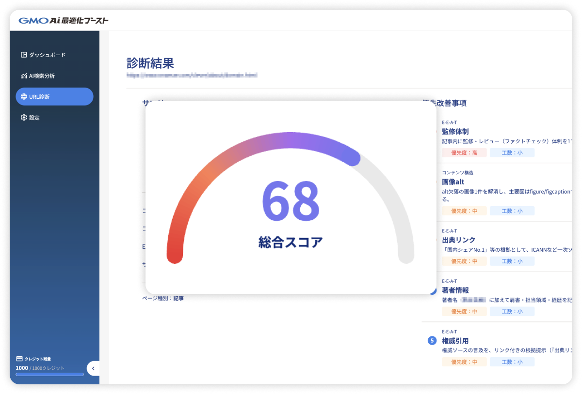 URL単位でのAI視認度診断＆具体的な対策提示