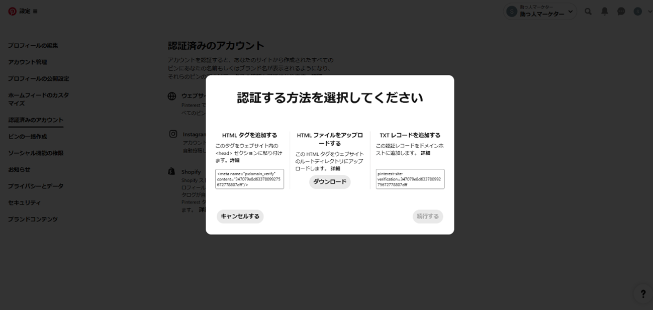 Pinterest広告ウェブサイト認証画面